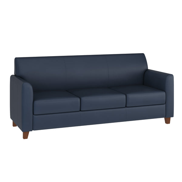 Navy/Wood Legs |#| Navy LeatherSoft Sofa with Clean Line Stitched Frame - Reception Seating