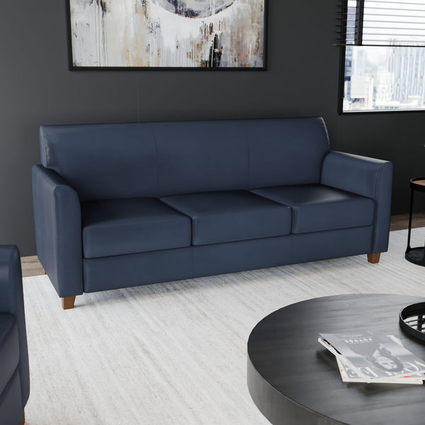 Navy/Wood Legs |#| Navy LeatherSoft Sofa with Clean Line Stitched Frame - Reception Seating