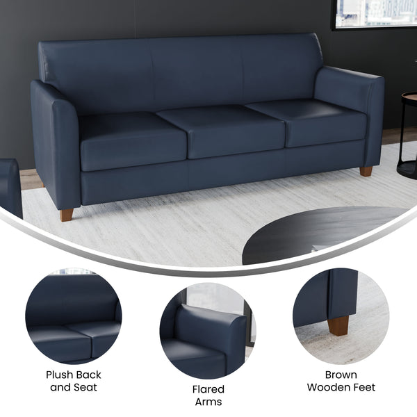 Navy/Wood Legs |#| Navy LeatherSoft Sofa with Clean Line Stitched Frame - Reception Seating