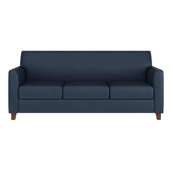 Navy/Wood Legs |#| Navy LeatherSoft Sofa with Clean Line Stitched Frame - Reception Seating