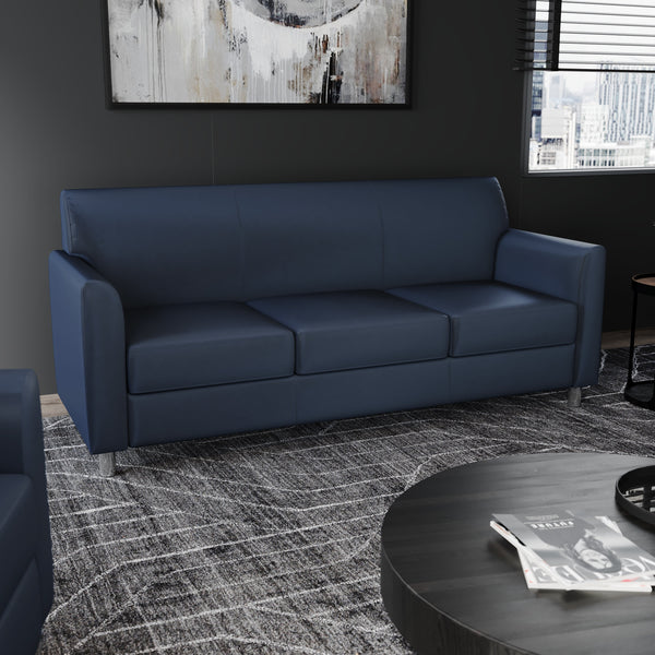 Navy/Chrome Legs |#| Navy LeatherSoft Sofa with Clean Line Stitched Frame and Chrome Legs
