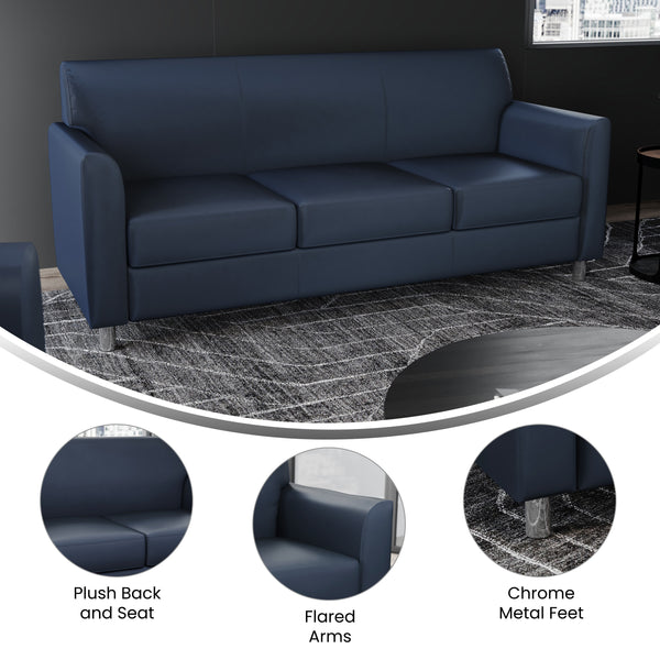 Navy/Chrome Legs |#| Navy LeatherSoft Sofa with Clean Line Stitched Frame and Chrome Legs