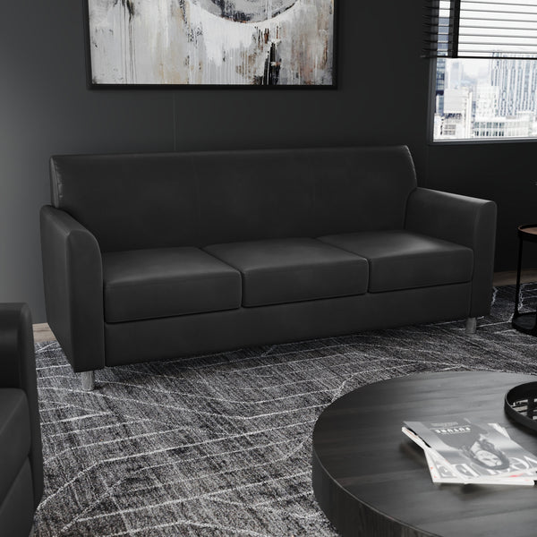 Black/Chrome Legs |#| Black LeatherSoft Sofa with Clean Line Stitched Frame and Chrome Legs