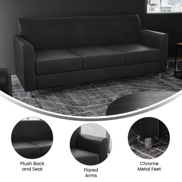 Black/Chrome Legs |#| Black LeatherSoft Sofa with Clean Line Stitched Frame and Chrome Legs