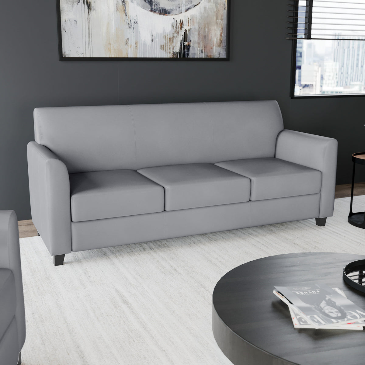 Gray/Wood Legs |#| Gray LeatherSoft Sofa with Clean Line Stitched Frame - Reception Seating