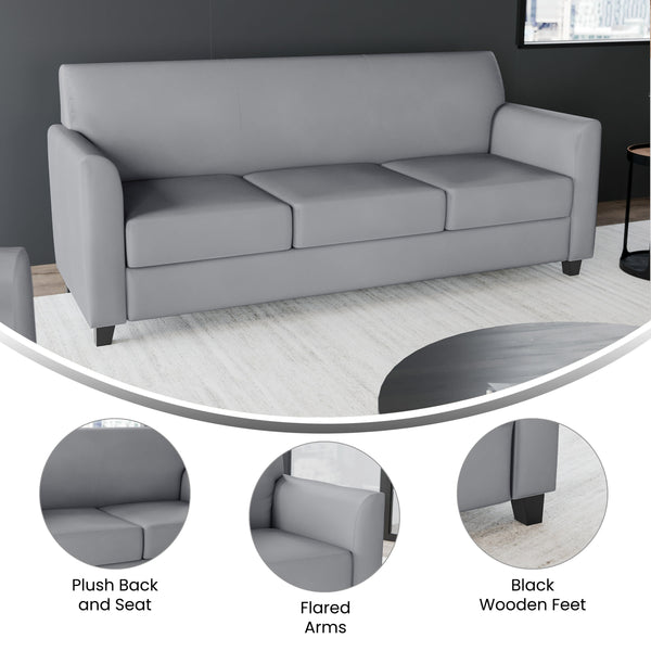 Gray/Wood Legs |#| Gray LeatherSoft Sofa with Clean Line Stitched Frame - Reception Seating