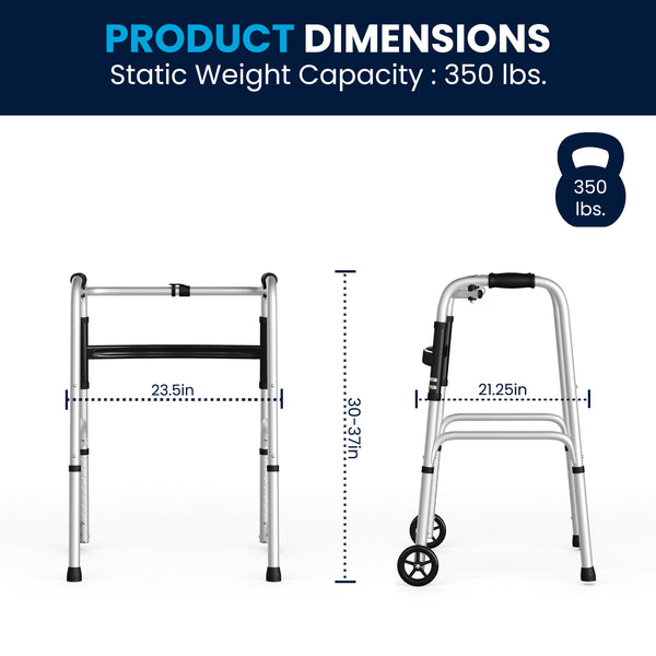 Lightweight Adjustable Height Folding Walker w/ Dual Frame Types in Silver/Black