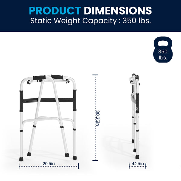 Lightweight Adjustable Height Folding Walker w/ Dual Frame Types in Silver/Black