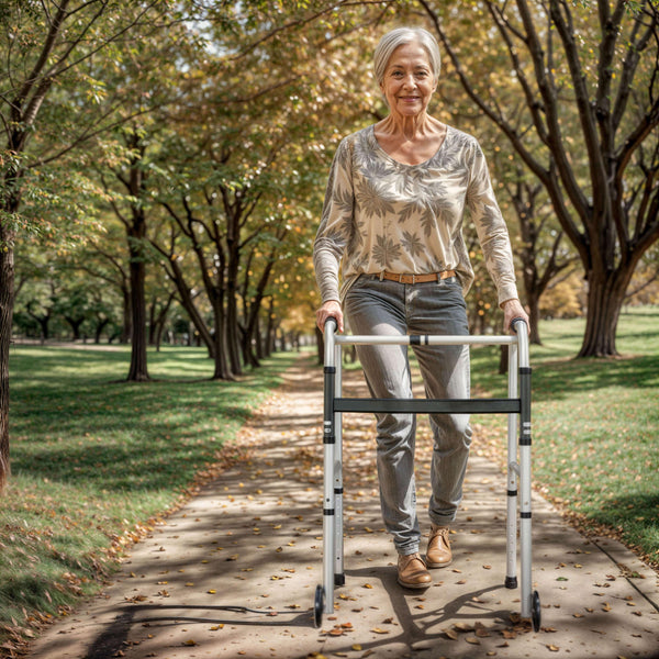 Lightweight Adjustable Height Folding Walker w/ Dual Frame Types in Silver/Black