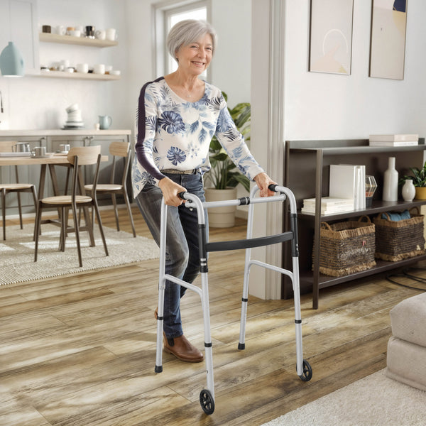 Lightweight Adjustable Height Folding Walker w/ Dual Frame Types in Silver/Black