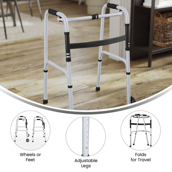 Lightweight Adjustable Height Folding Walker w/ Dual Frame Types in Silver/Black