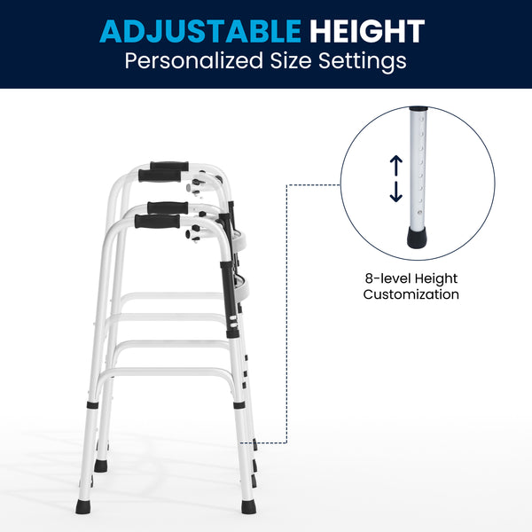 Lightweight Adjustable Height Folding Walker w/ Dual Frame Types in Silver/Black