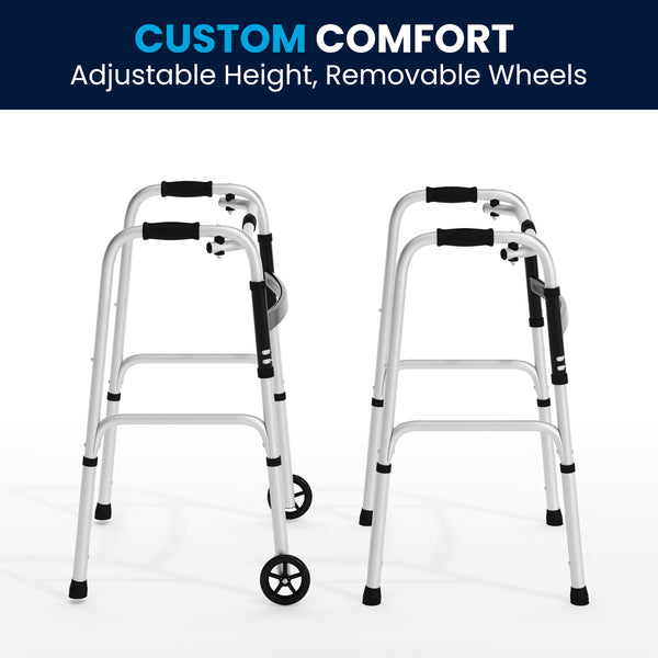 Lightweight Adjustable Height Folding Walker w/ Dual Frame Types in Silver/Black