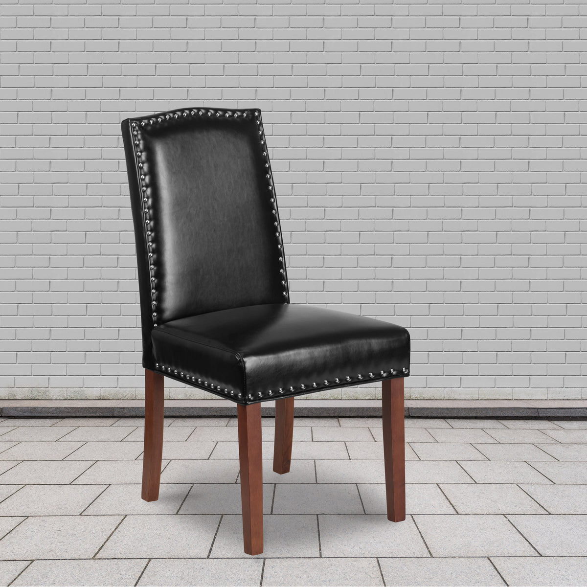 Black LeatherSoft |#| Black LeatherSoft Parsons Chair with Panel Stitching and Silver Accent Nail Trim