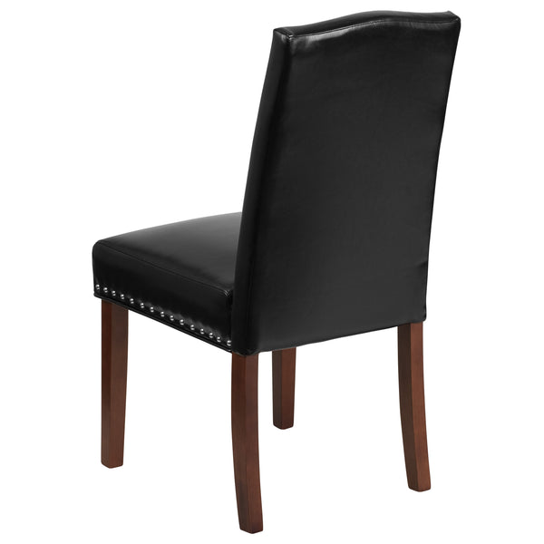 Black LeatherSoft |#| Black LeatherSoft Parsons Chair with Panel Stitching and Silver Accent Nail Trim