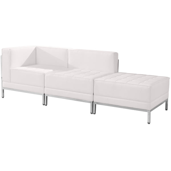 Melrose White |#| White LeatherSoft 3 Piece Modular Chair & Ottoman Set w/Taut Back &Seat