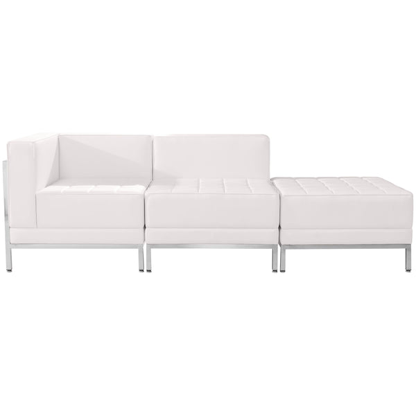 Melrose White |#| White LeatherSoft 3 Piece Modular Chair & Ottoman Set w/Taut Back &Seat