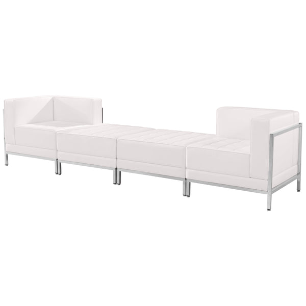 Melrose White |#| White LeatherSoft 4 Piece Modular Chair & Ottoman Set w/Taut Back &Seat