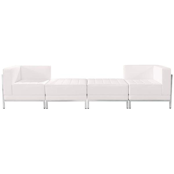 Melrose White |#| White LeatherSoft 4 Piece Modular Chair & Ottoman Set w/Taut Back &Seat