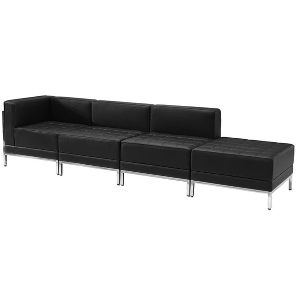 Black |#| Black LeatherSoft 4 Piece Modular Chair & Ottoman Set w/Taut Back &Seat