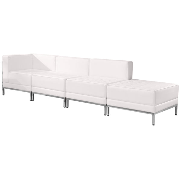 Melrose White |#| White LeatherSoft 4 Piece Modular Chair & Ottoman Set w/Taut Back &Seat