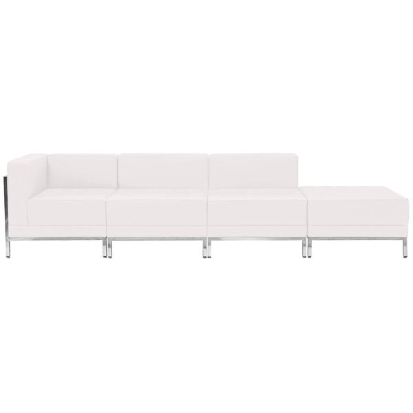 Melrose White |#| White LeatherSoft 4 Piece Modular Chair & Ottoman Set w/Taut Back &Seat