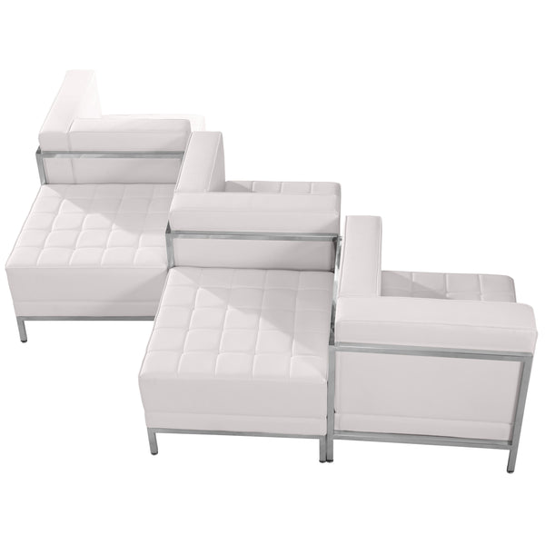Melrose White |#| White LeatherSoft 5 Piece Modular Chair & Ottoman Set w/Taut Back &Seat