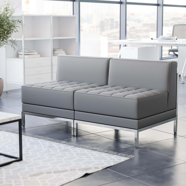 Gray |#| 2 Piece Gray LeatherSoft Modular Reception Lounge Set - Reception Bench