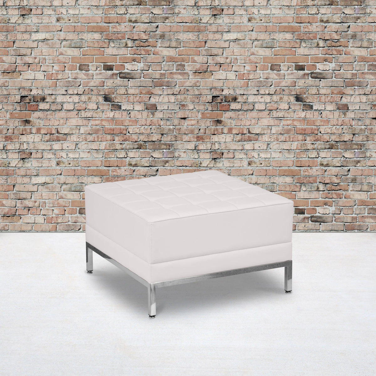 Melrose White |#| White LeatherSoft Quilted Tufted Modular Ottoman with Stainless Steel Legs