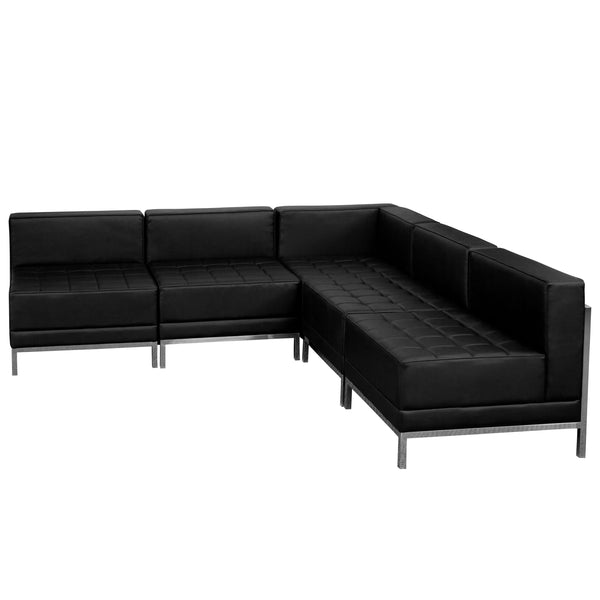 Black |#| 5 Piece Black LeatherSoft Modular Sectional Configuration - Stainless Steel Legs