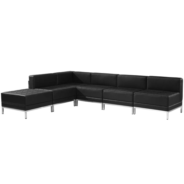 Black |#| 6 Piece Black LeatherSoft Modular Sectional Configuration - Stainless Steel Legs