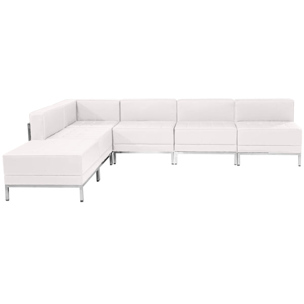 Melrose White |#| 6 Piece White LeatherSoft Modular Sectional Configuration - Stainless Steel Legs