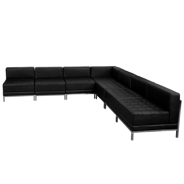 Black |#| 7 Piece Black LeatherSoft Modular Sectional Configuration - Stainless Steel Legs