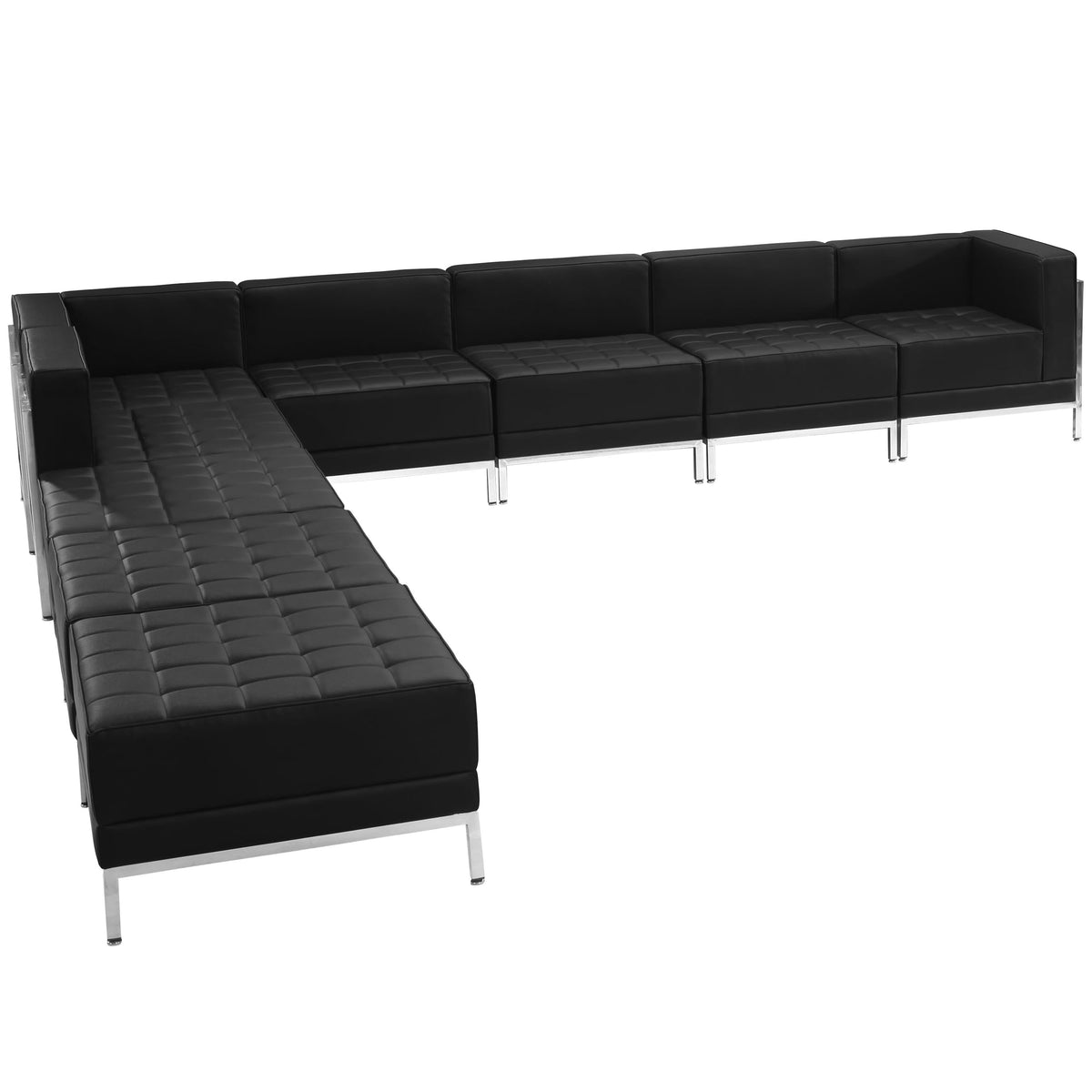 Black |#| 9 Piece Black LeatherSoft Modular Sectional Configuration - Stainless Steel Legs