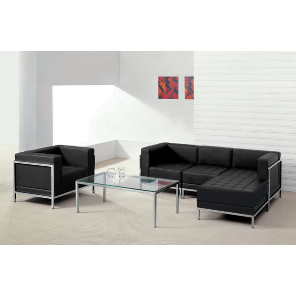5 Piece Black LeatherSoft Modular Sectional & Chair - Stainless Steel Legs