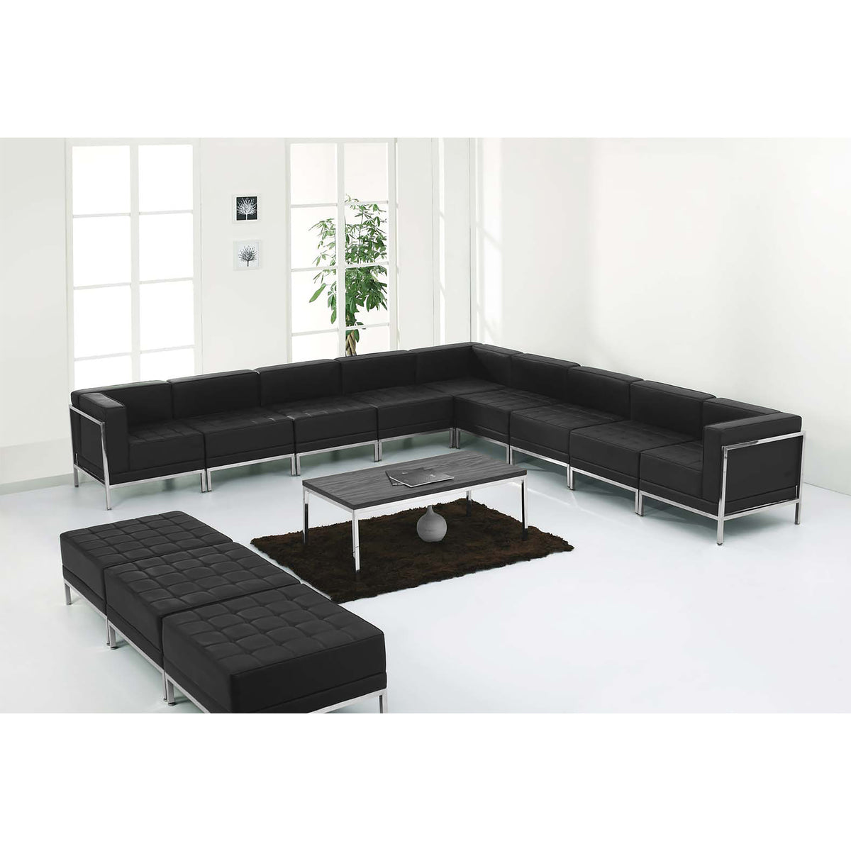 Black |#| 12 PC Black LeatherSoft Modular Sectional & Ottoman Set - Stainless Steel Legs