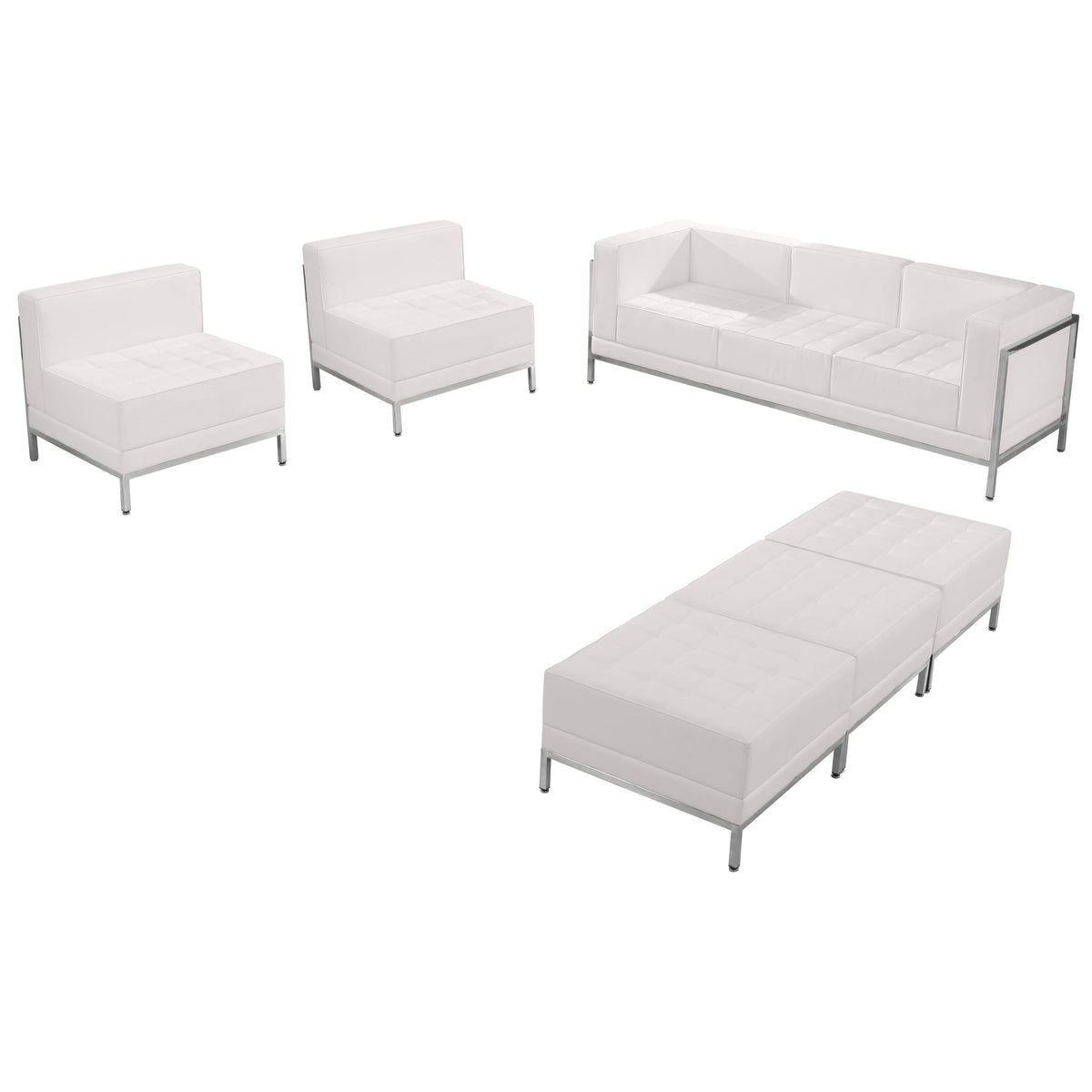 White LeatherSoft Modular Sofa, Chair & Ottoman Set with Taut Back and Seat