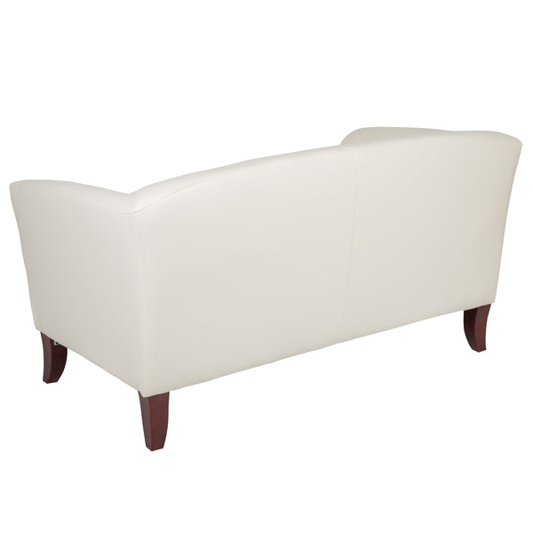 Ivory |#| Ivory LeatherSoft Loveseat-Cherry Wood Feet - Reception or Home Office Seating