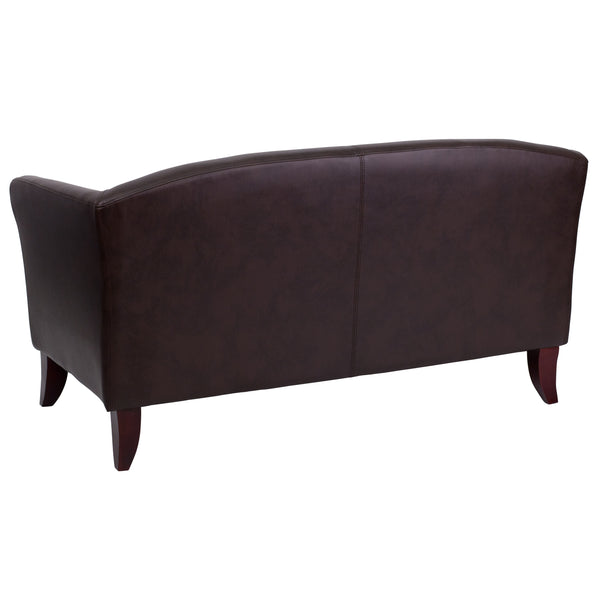 Brown |#| Brown LeatherSoft Loveseat w/Cherry Wood Feet - Reception or Home Office Seating