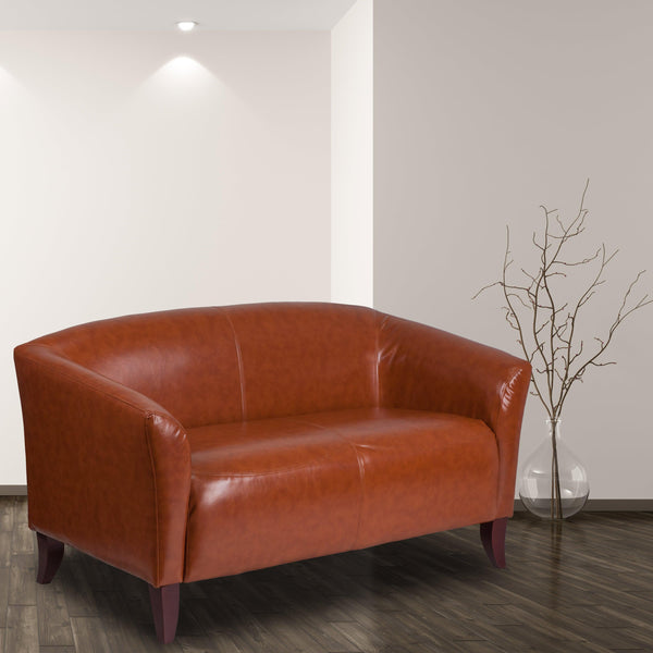 Cognac |#| Cognac LeatherSoft Loveseat w/ Cherry Wood Feet - Lobby or Home Office Seating