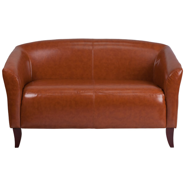 Cognac |#| Cognac LeatherSoft Loveseat w/ Cherry Wood Feet - Lobby or Home Office Seating