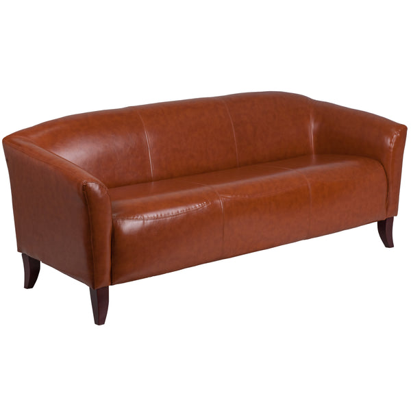 Cognac |#| Cognac LeatherSoft Sofa w/ Cherry Wood Feet - Reception or Home Office Seating