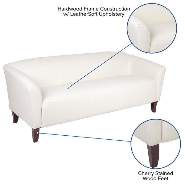 Ivory |#| Ivory LeatherSoft Sofa with Cherry Wood Feet - Reception or Home Office Seating