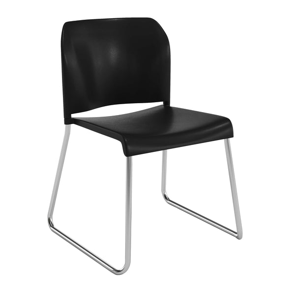 Black Plastic/Chrome Frame |#| Commercial Plastic Stack Chair with Contoured Back and Sled Base in Black