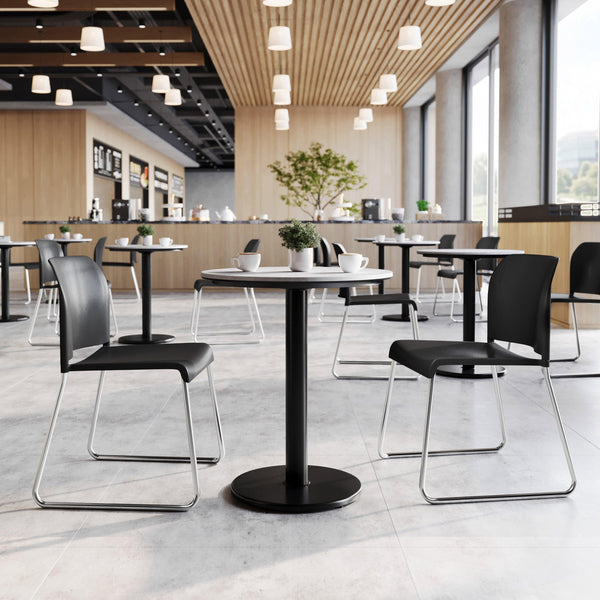 Black Plastic/Chrome Frame |#| Commercial Plastic Stack Chair with Contoured Back and Sled Base in Black