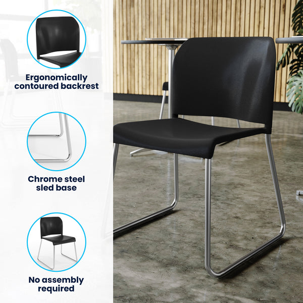 Black Plastic/Chrome Frame |#| Commercial Plastic Stack Chair with Contoured Back and Sled Base in Black