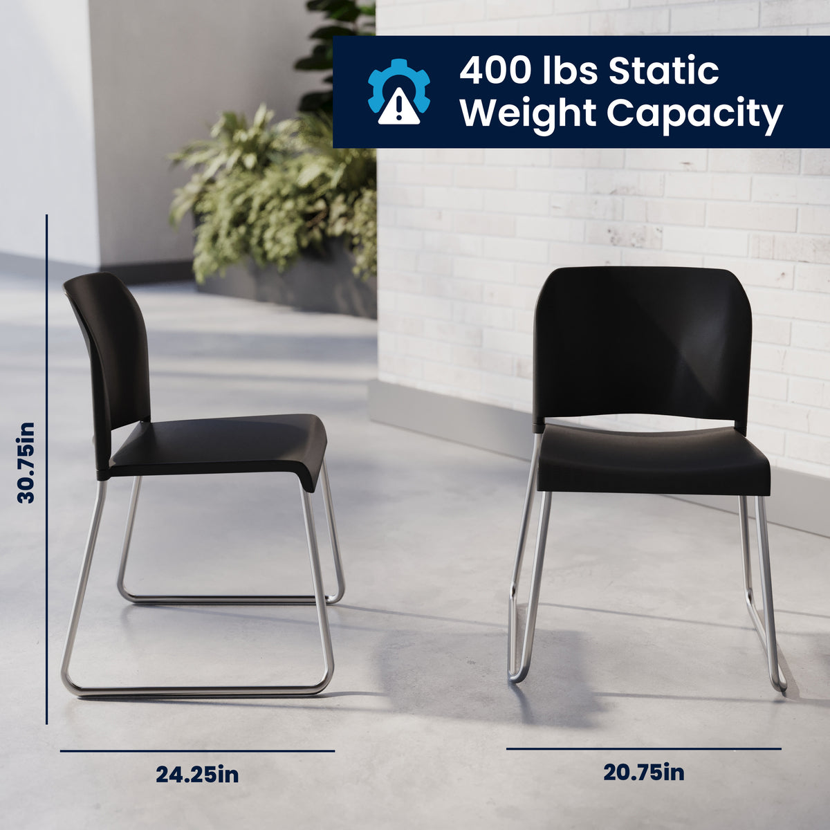 Black Plastic/Chrome Frame |#| Commercial Plastic Stack Chair with Contoured Back and Sled Base in Black