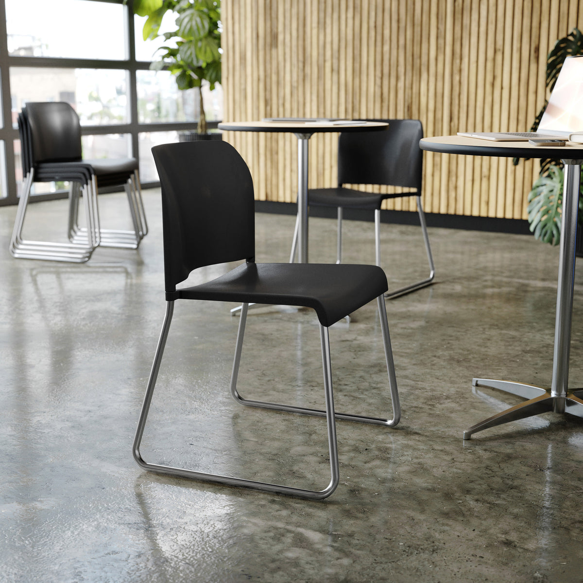 Black Plastic/Chrome Frame |#| Commercial Plastic Stack Chair with Contoured Back and Sled Base in Black
