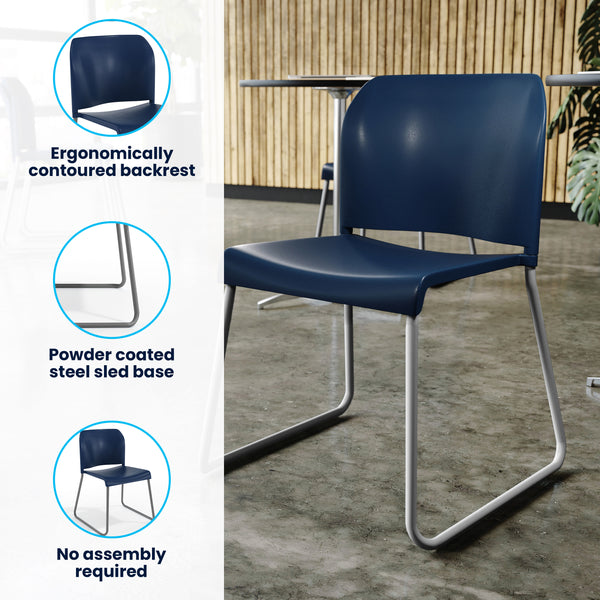 Navy Plastic/Gray Frame |#| Commercial Plastic Stack Chair with Contoured Back and Sled Base in Navy