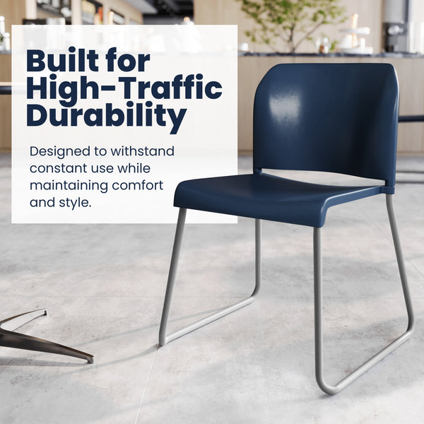 Navy Plastic/Gray Frame |#| Commercial Plastic Stack Chair with Contoured Back and Sled Base in Navy